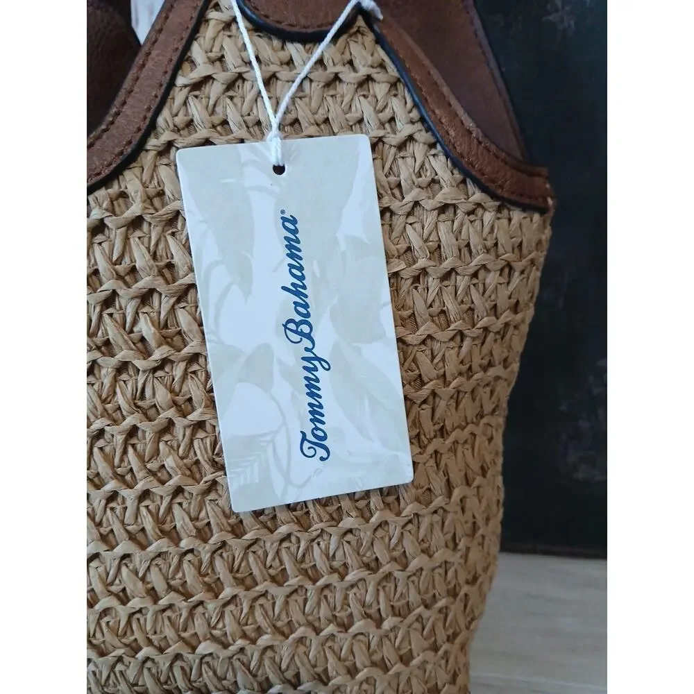 Tommy Bahama Woven Bucket Bag Purse Tote Removable Inner Pouch Natural Straw